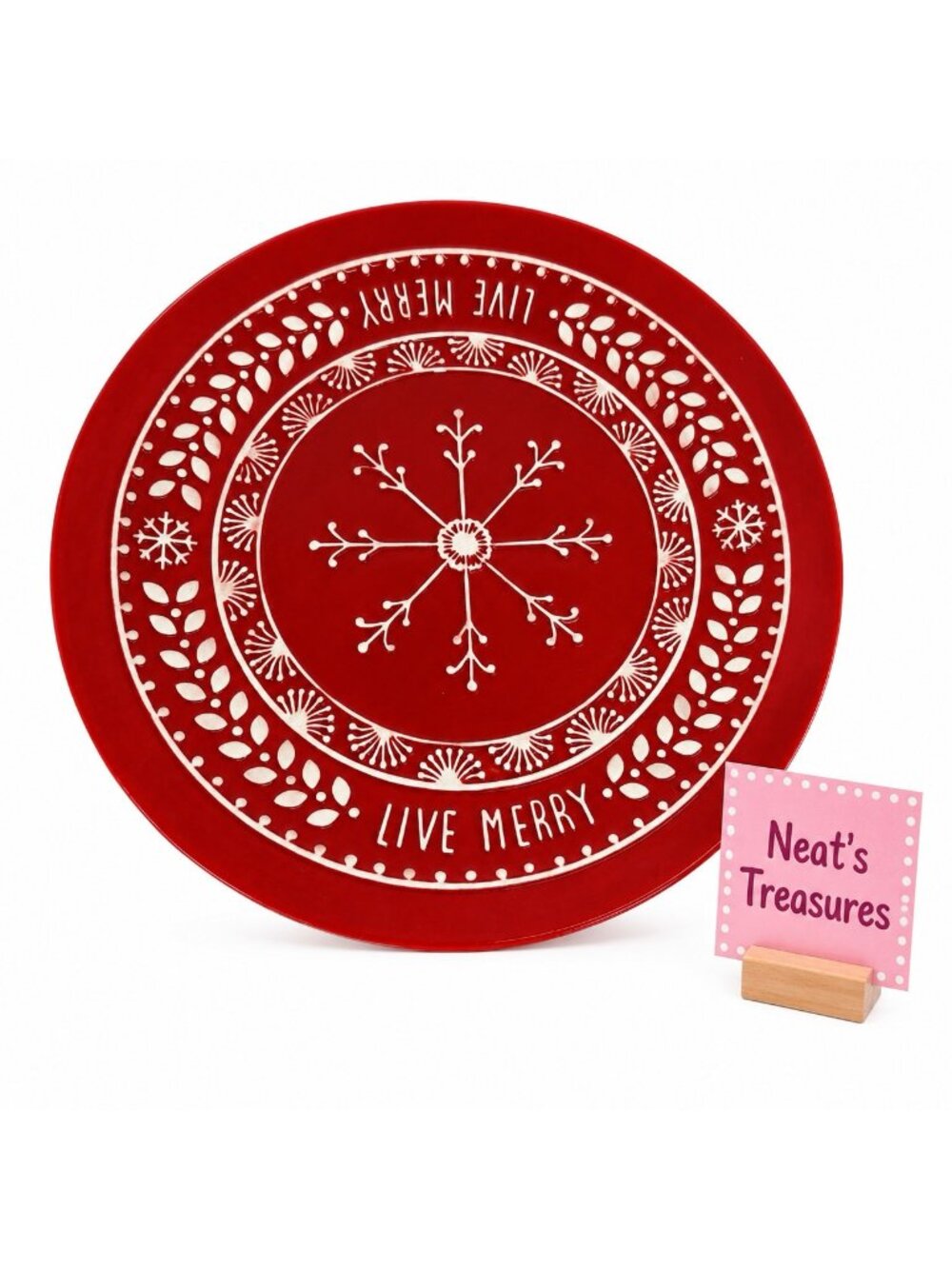 Hallmark LIVE MERRY Snowflake Christmas Red Embossed 3D Ceramic Serving Platter